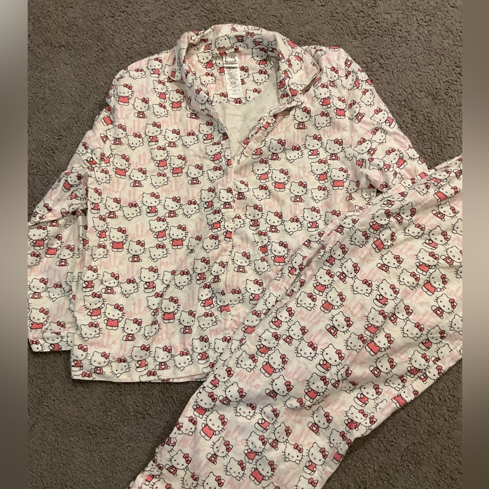 Hello Kitty Vintage Logo Flannel Pink PJs Pajamas Shirt Pants Sleepwear Y2K, XL